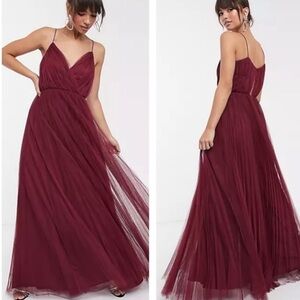 ASOS Cami Pleated Tulle Maxi Dress Oxblood Burgundy 8 Petite NWT